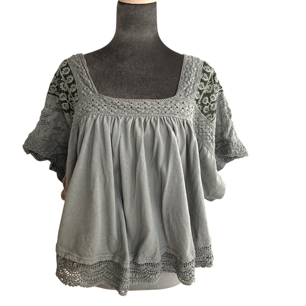 Free People Women Blue Grey Crochet Lace Embroidered Babydoll Peasant Top Small